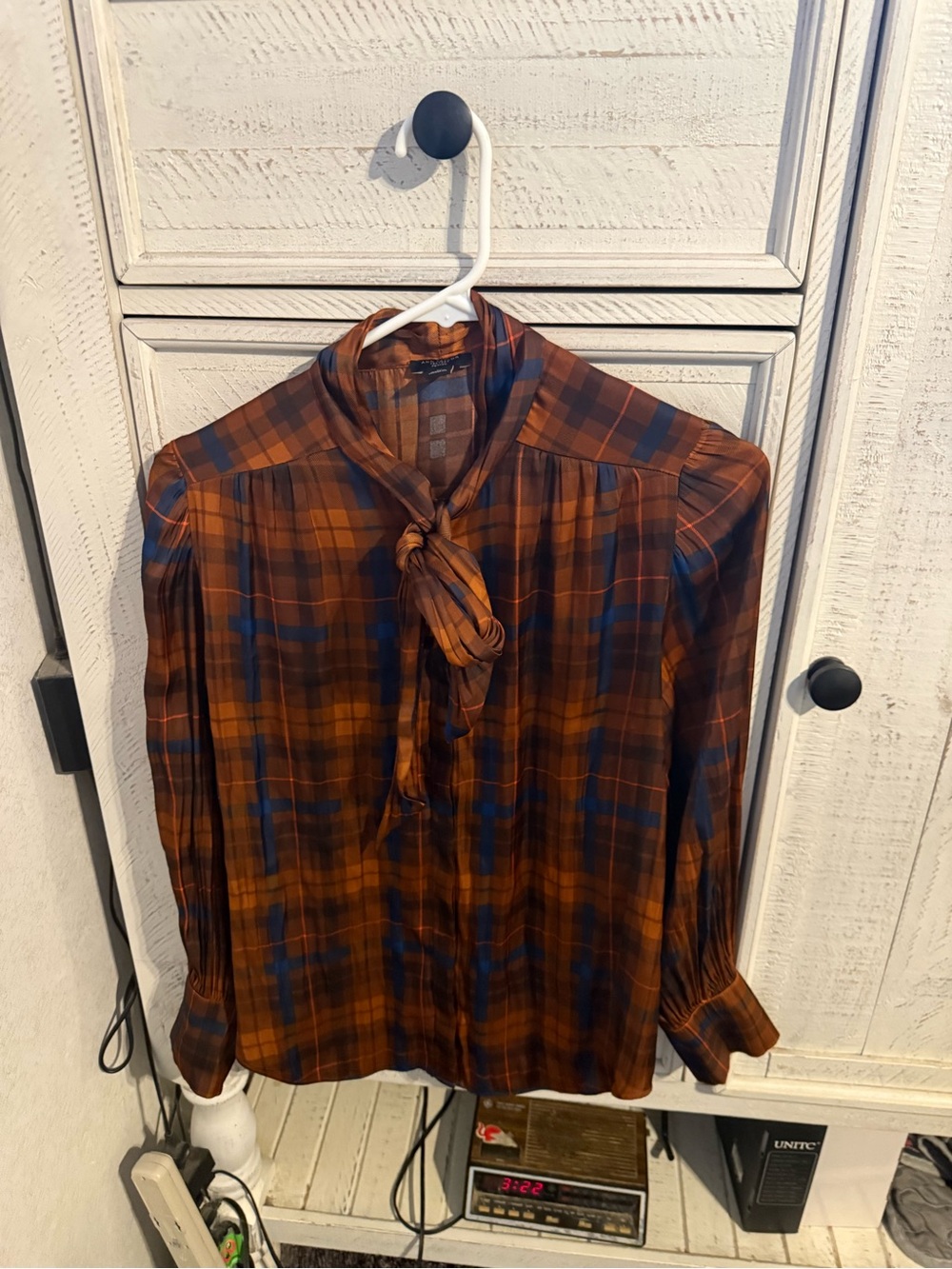 Ann Taylor Brown & Blue Plaid Tie-Neck Blouse